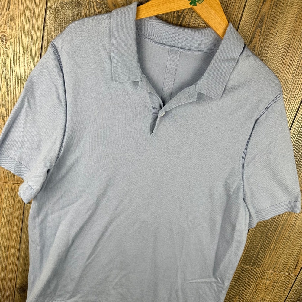 Lululemon New Venture Mens Short Sleeve Wool Blend Knit Polo Shirt Light Blue